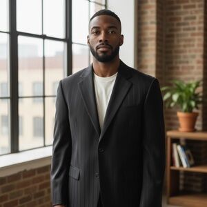 Classic Falcons Four-Button Black Suit with Subtle Pinstripes and Notched Lapels